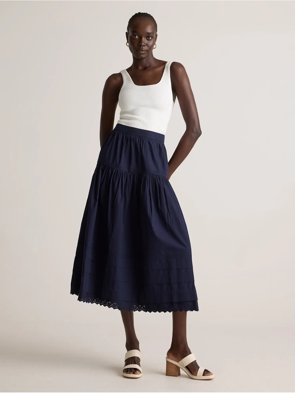 Quince 100% Organic Cotton Poplin Pintuck Maxi Skirt Navy Eyelet Hem